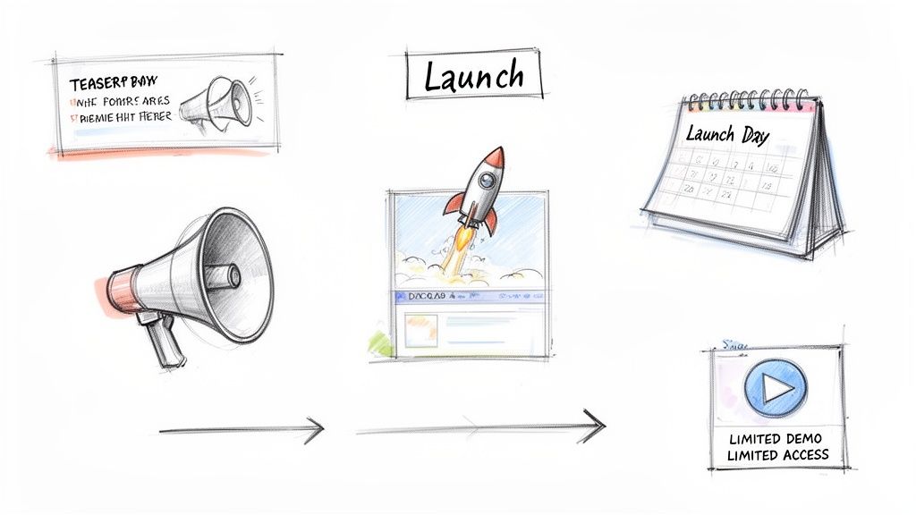 A hand-drawn diagram illustrating a product launch strategy, including teaser, announcements, launch day, and limited demo.