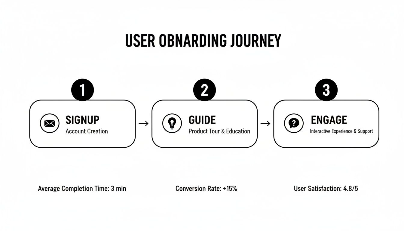An onboarding journey diagram illustrating signup, guide, and engage stages with metrics for completion time, conversion, and satisfaction.
