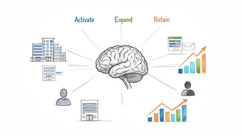 Brain-centered diagram showing 'Activate, Expand, Retain' business strategies for growth and engagement.