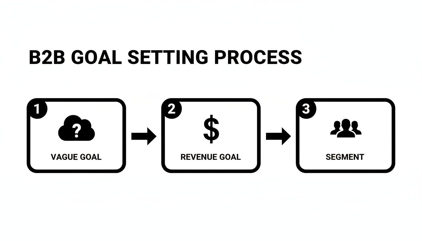 A diagram illustrating the B2B Goal Setting Process in three steps: Vague, Revenue, and Segment.