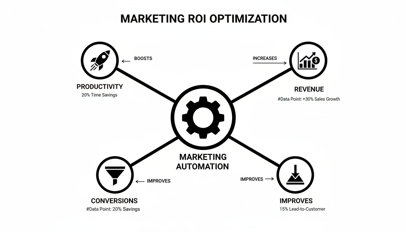 Diagram showing how marketing automation optimizes ROI by boosting productivity, increasing revenue, and improving conversions.
