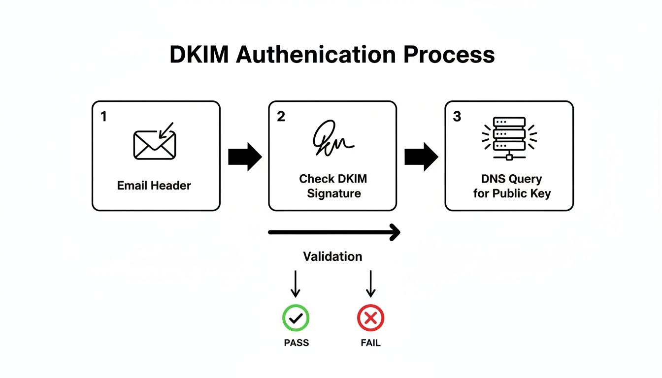 Flowchart illustrating the DKIM email authentication process, including signature validation and DNS public key query.