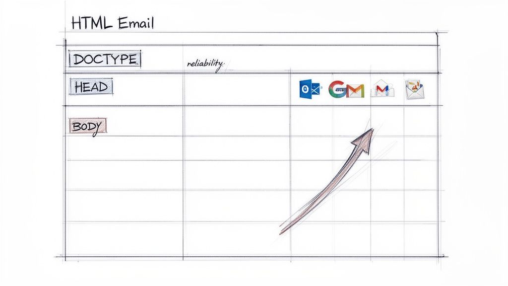 Diagram illustrating HTML email structure with DOCTYPE, HEAD, BODY, showing reliability across email clients.