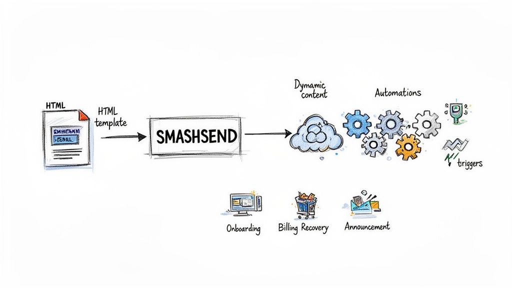 Workflow illustrating HTML email template processing by SMASHSEND, leading to dynamic content and automations for onboarding, billing, and announcements.