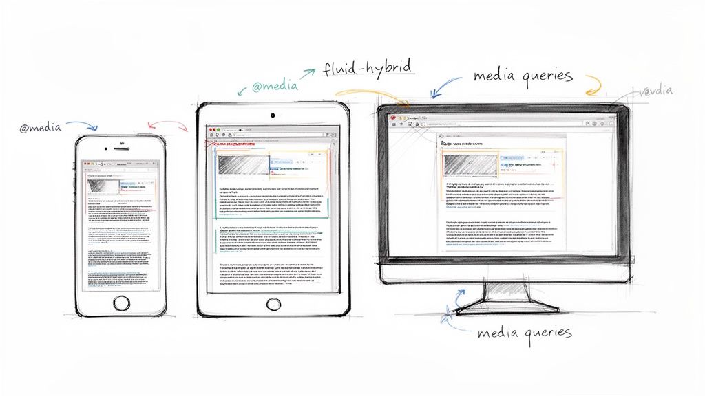 Illustration showing responsive web design concepts across a smartphone, tablet, and desktop monitor with media queries.