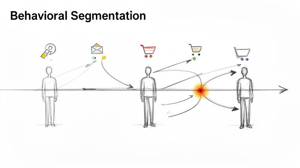 Diagram illustrating behavioral segmentation, showing customer interactions like research, email, and shopping cart actions over time.
