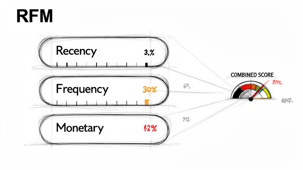 Diagram showing RFM (Recency, Frequency, Monetary) scores combining into a customer segmentation combined score.