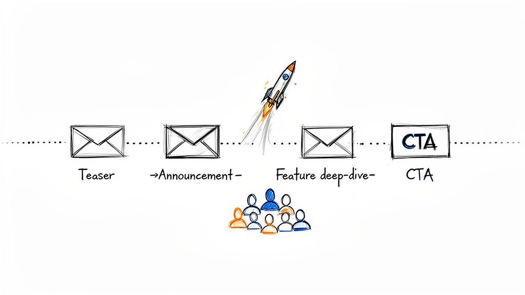 Illustration of an email campaign sequence: Teaser, Announcement, Feature Deep-Dive, and CTA, with a rocket launch and audience.