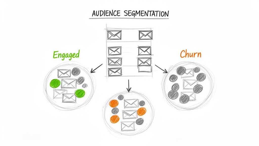 Hand-drawn diagram illustrating audience segmentation from emails into engaged, churn, and other groups.