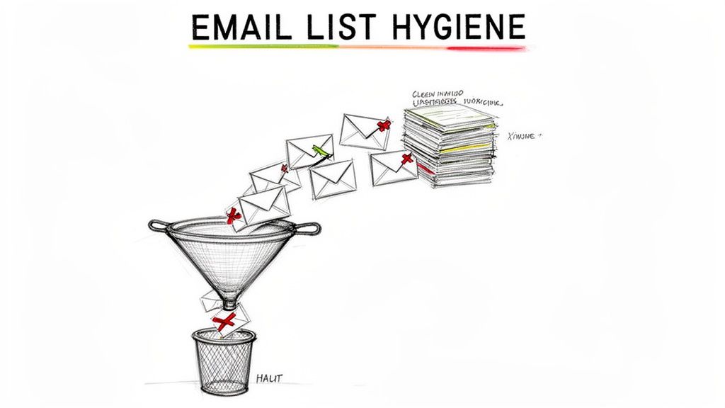 Illustration of email list hygiene, showing emails being filtered by a funnel, with invalid emails discarded.