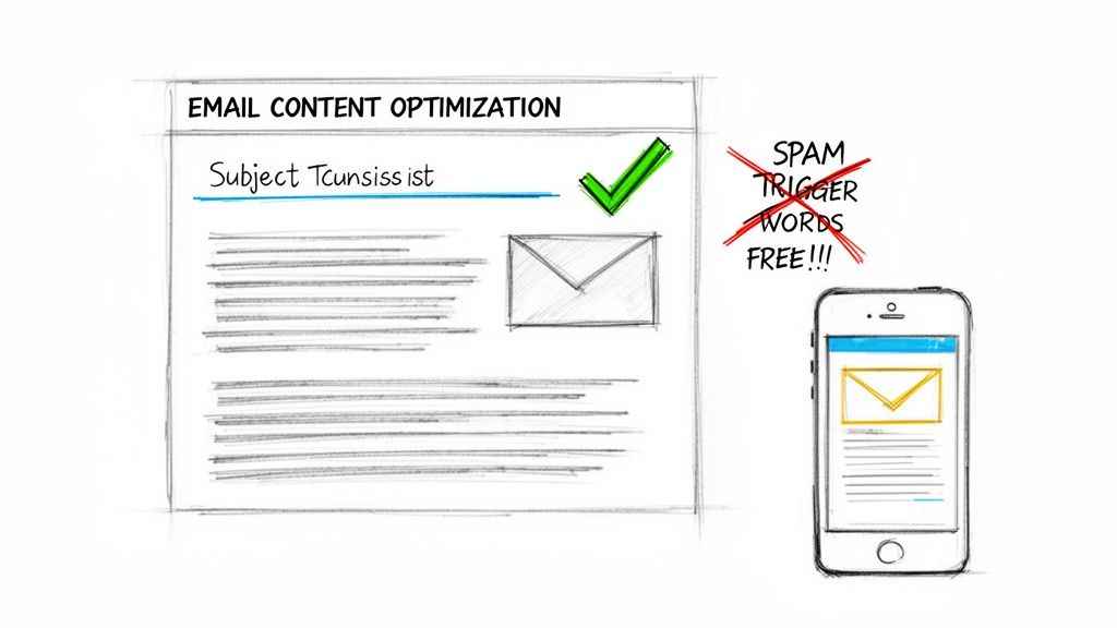 Sketch showing email content optimization, including subject line, avoiding spam words, and mobile view.