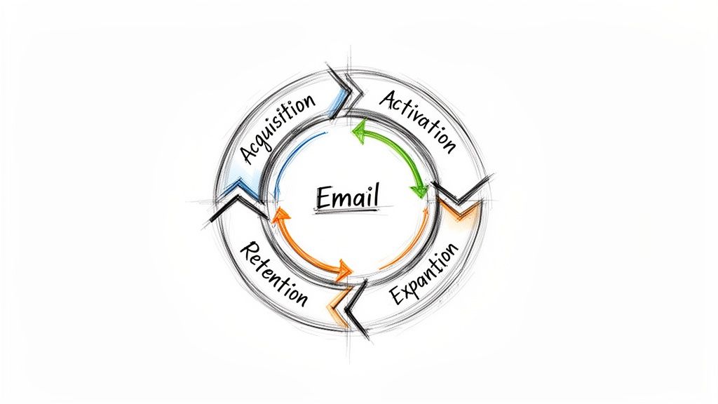 A hand-drawn diagram illustrating the email marketing lifecycle with four stages: Acquisition, Activation, Expansion, and Retention.