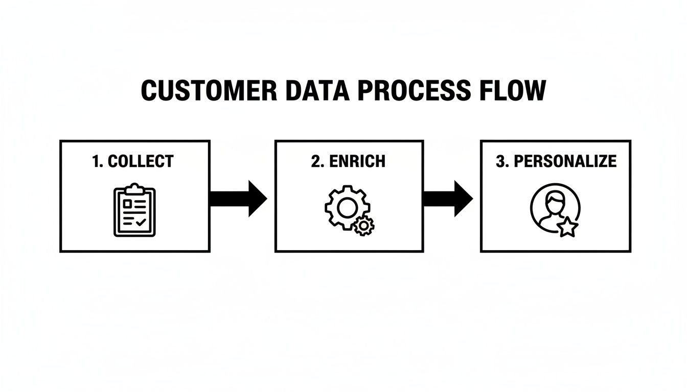 Flowchart illustrating customer data process: collect, enrich, and personalize steps with icons.