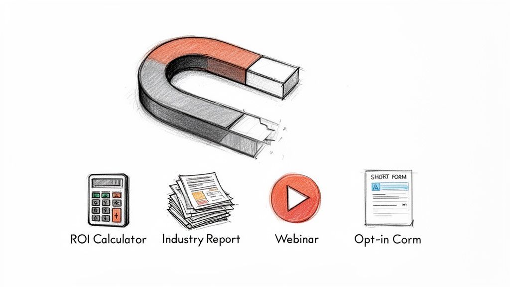 A magnet attracts lead generation content: ROI calculator, industry report, webinar, and opt-in form.
