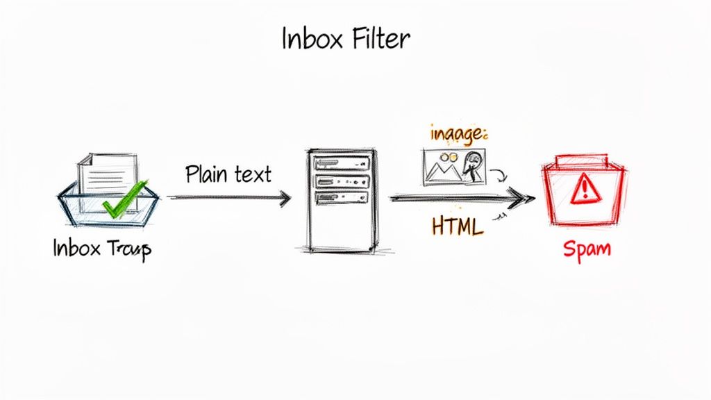 An inbox filter diagram showing plain text emails processed, with HTML and image content being flagged as spam.