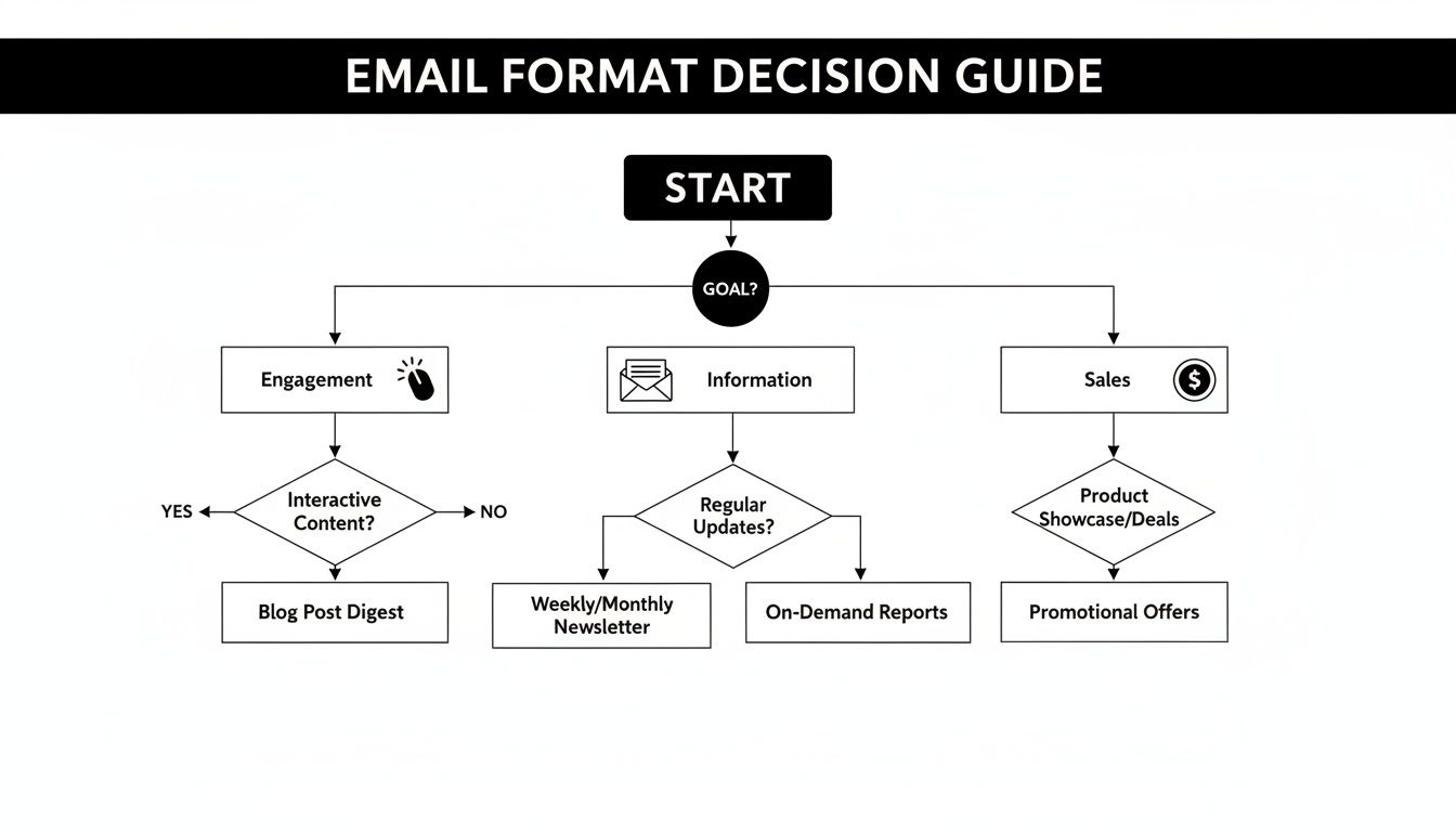 A flowchart email format decision guide, illustrating choices based on engagement, information, or sales goals.