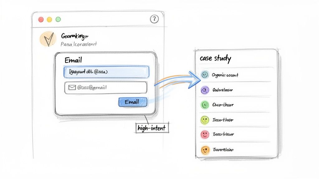 A hand-drawn sketch showing an email sign-up form in a browser linking to a case study list.