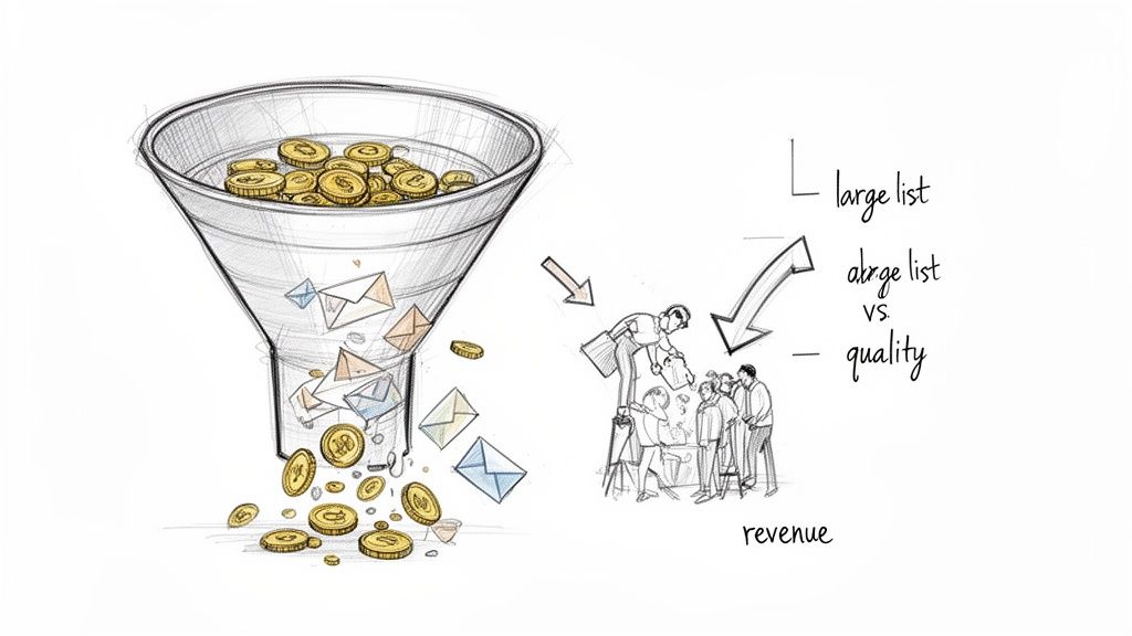 Illustration of a sales funnel with coins and emails, showing conversion from a large list to revenue.