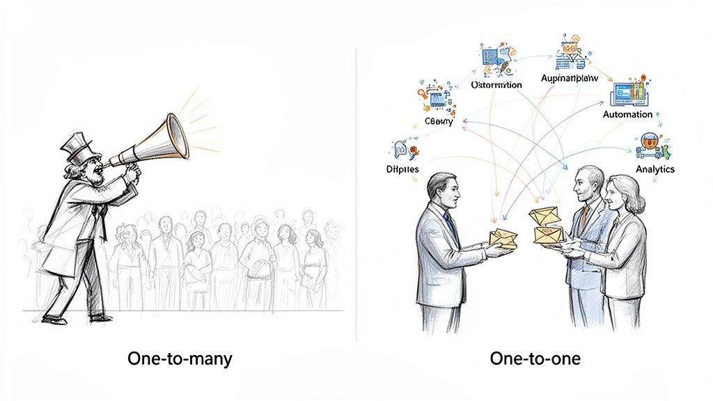 Illustration contrasting one-to-many mass communication with one-to-one personalized and automated communication