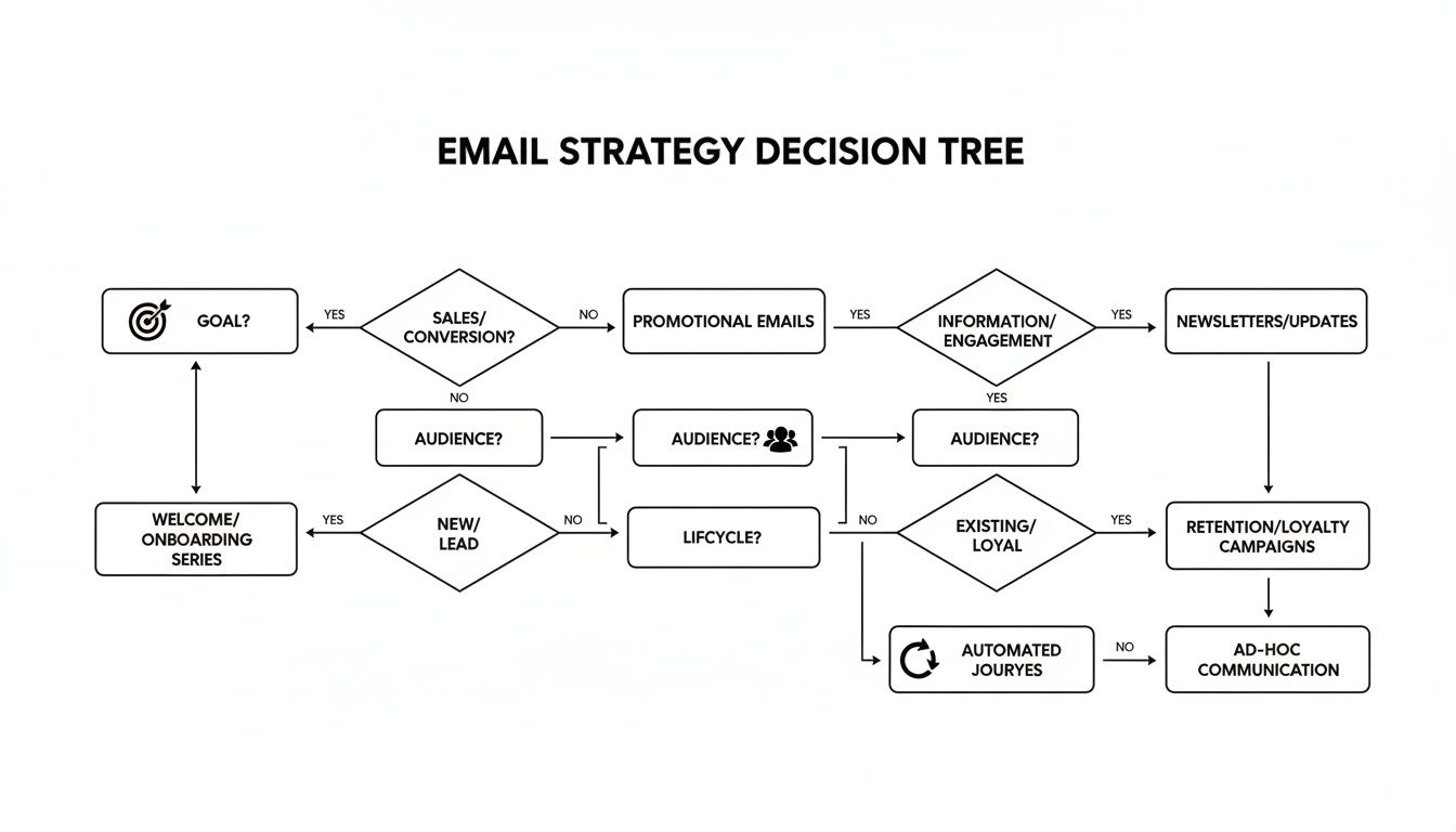 Detailed email strategy decision tree flowchart covering goals, audience, and lifecycle stages.