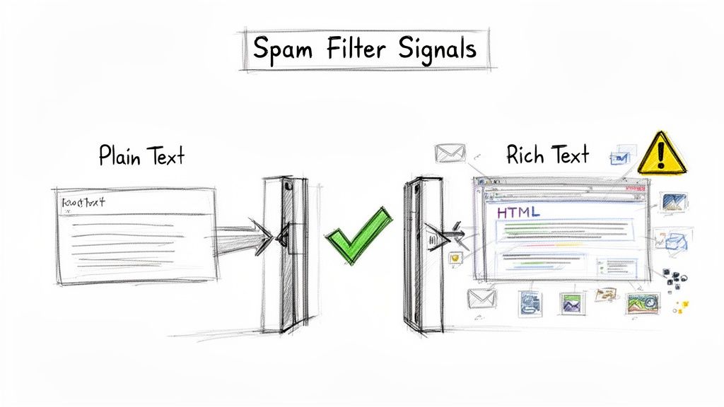 Diagram illustrating spam filter signals: plain text passes, while rich text (HTML, images) is flagged.