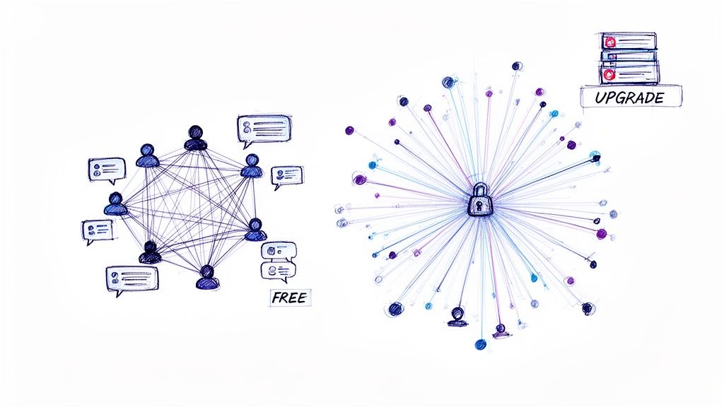 Hand-drawn comparison of a free, interconnected user network and a secure, centralized, upgraded system.