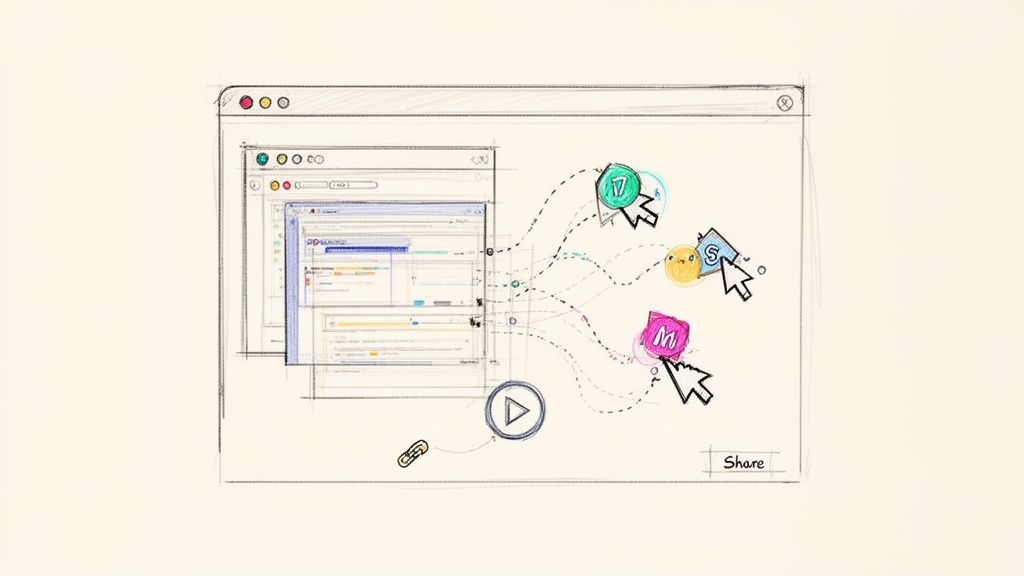 Conceptual drawing of a web application with sharing functionality, multiple views, and user interactions.