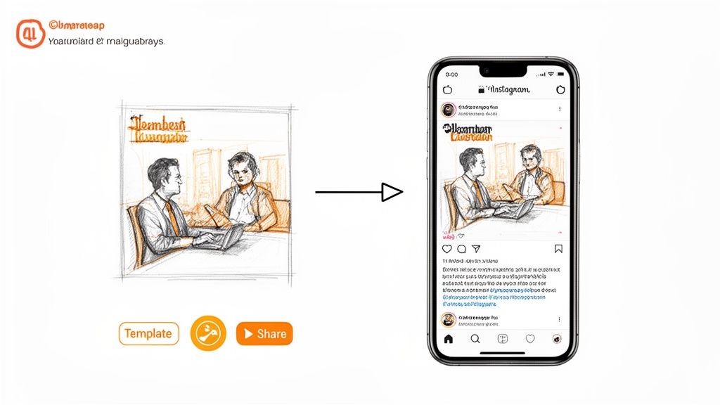A sketch of two men with laptops transforms into an Instagram post displayed on a smartphone.