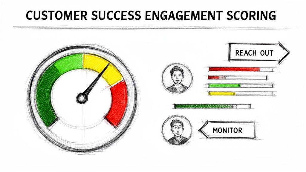 Customer Success Engagement Scoring dashboard showing a gauge with moderate engagement and action recommendations.