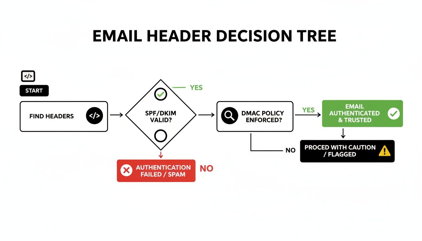 A flowchart illustrating the email header decision tree for SPF, DKIM, and DMARC authentication checks.