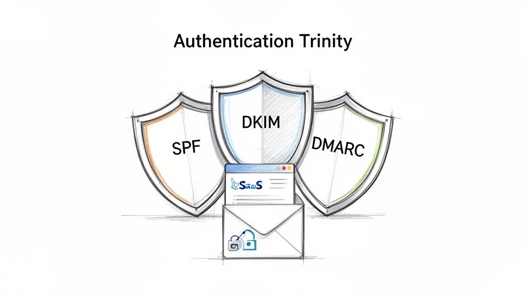 Three shields for SPF, DKIM, and DMARC protecting an email, depicting the authentication trinity.