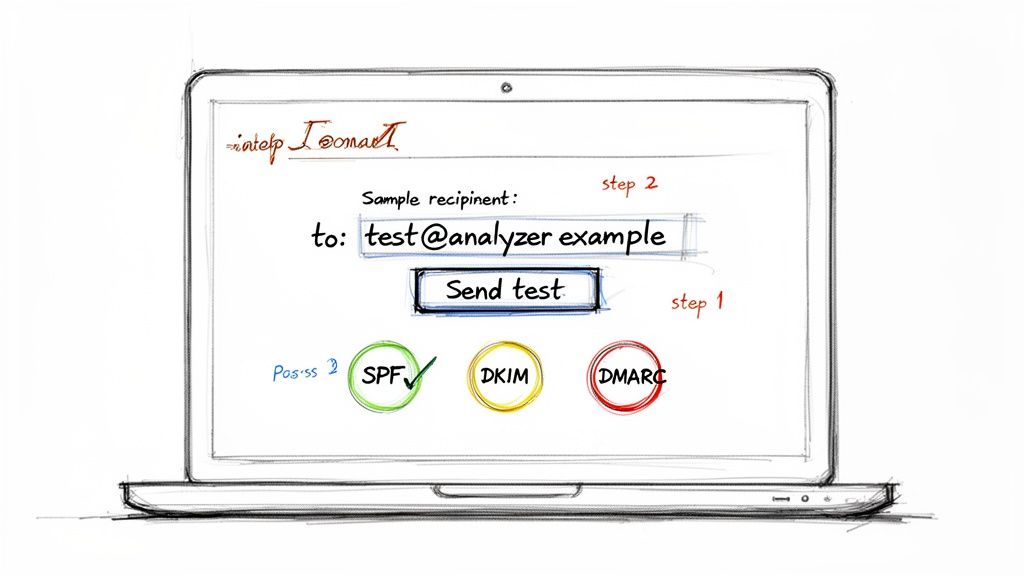 Sketch of a laptop screen showing an email authentication test for SPF, DKIM, and DMARC.