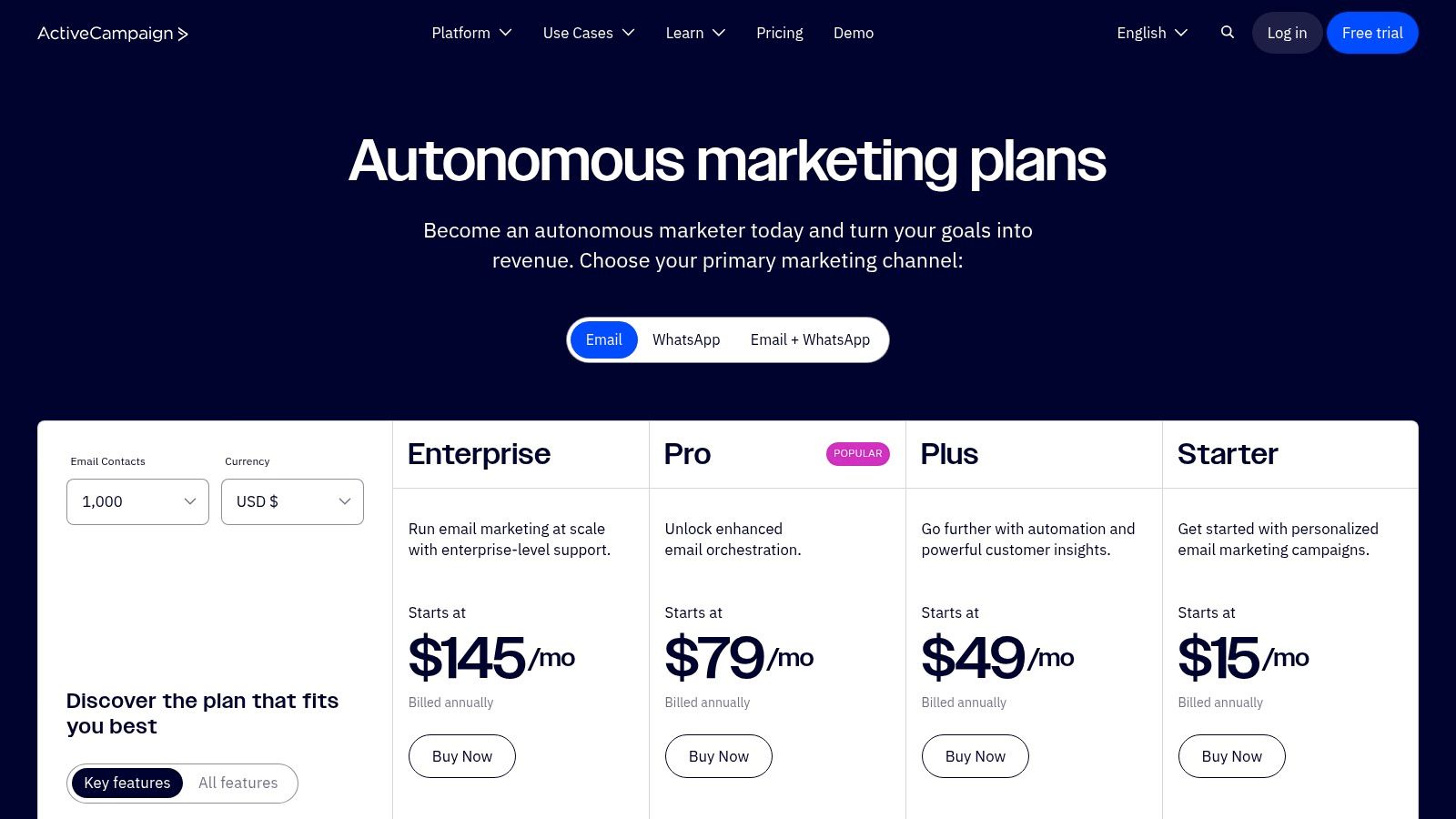 ActiveCampaign pricing plans showing different automation tiers