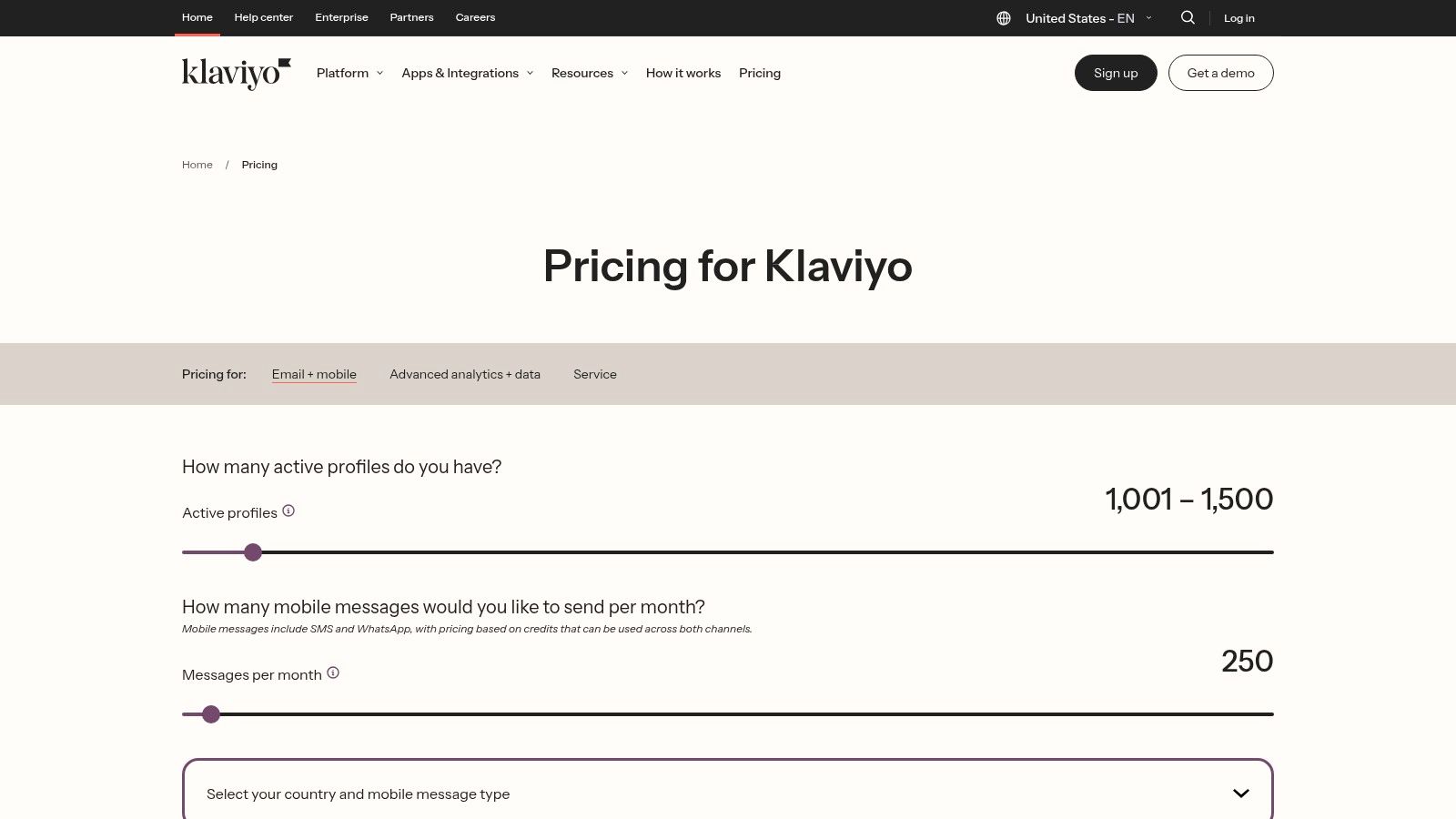 Klaviyo pricing page showing email and SMS pricing tiers
