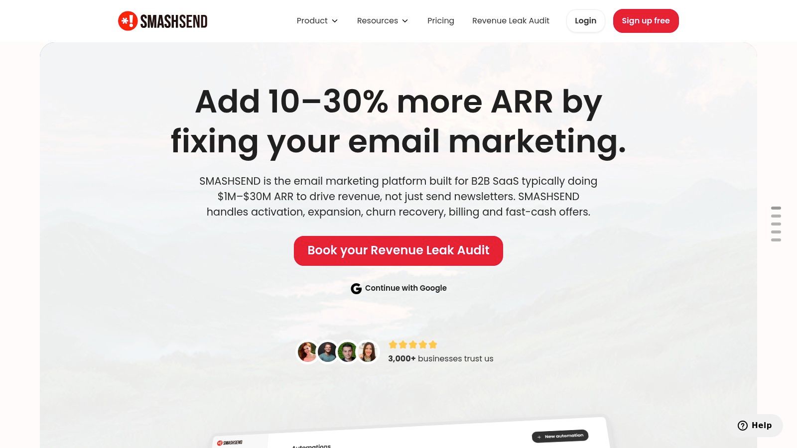 SMASHSEND's doc-like email editor interface showing AI-powered campaign creation
