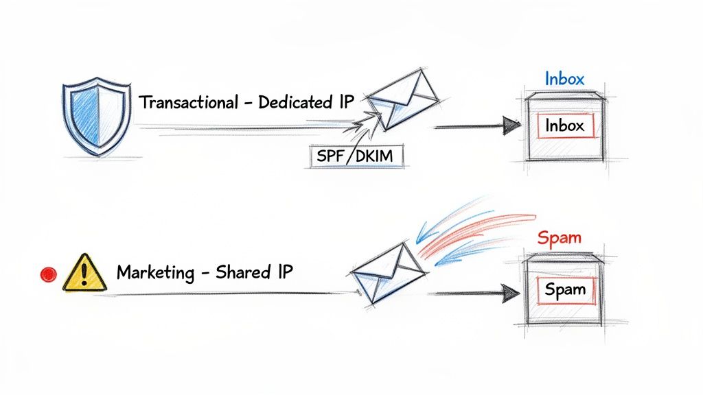 Diagram comparing email deliverability: transactional emails with dedicated IP reach inbox, marketing emails with shared IP go to spam.