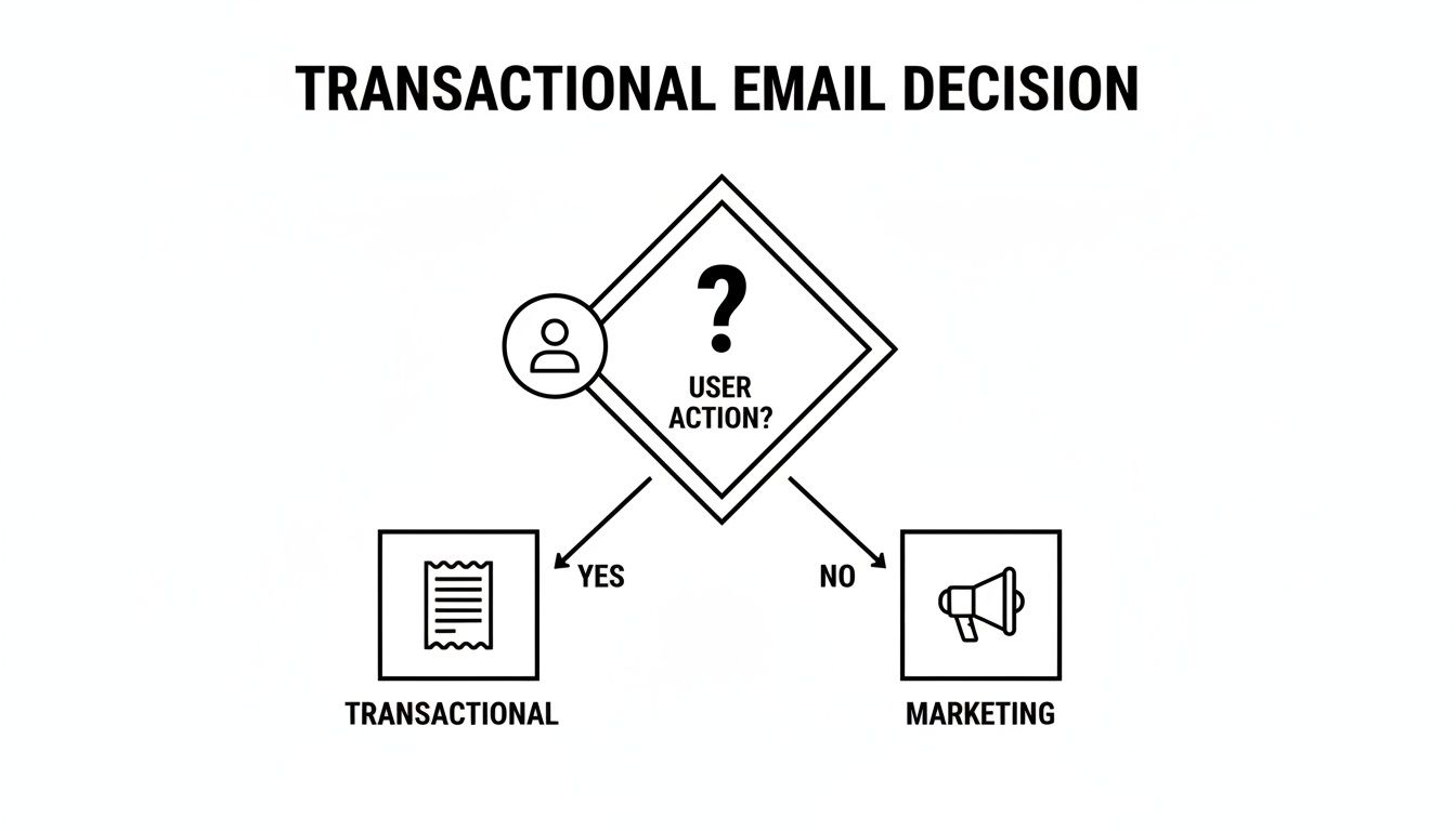 Flowchart illustrating the decision process for sending transactional versus marketing emails based on user action.