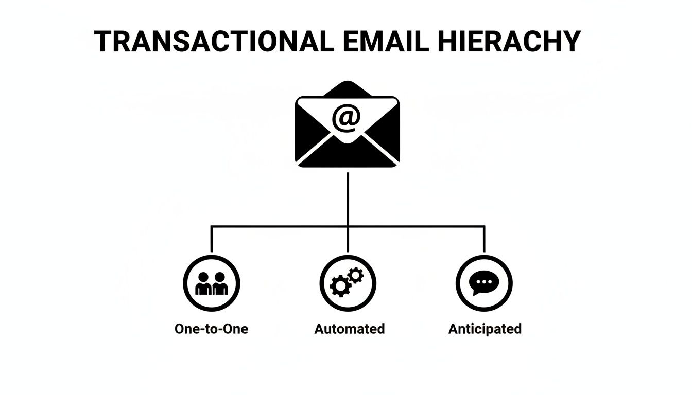 Diagram illustrating transactional email hierarchy, categorized into one-to-one, automated, and anticipated types.