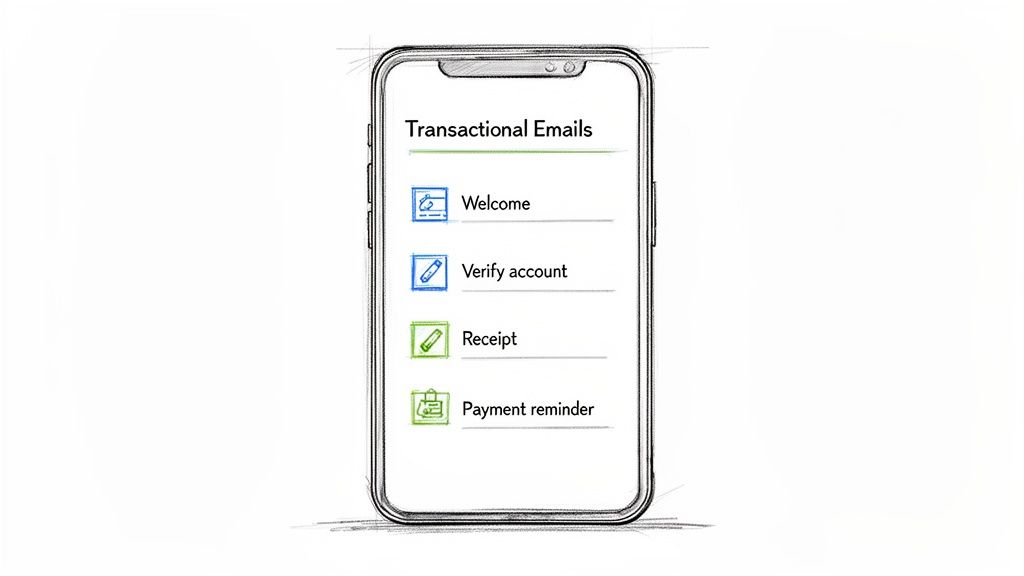 A sketch of a smartphone displaying a list of transactional emails: Welcome, Verify account, Receipt, Payment reminder.