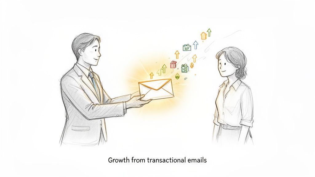 Illustration of a man sending a glowing email to a woman, showing growth from transactional emails.