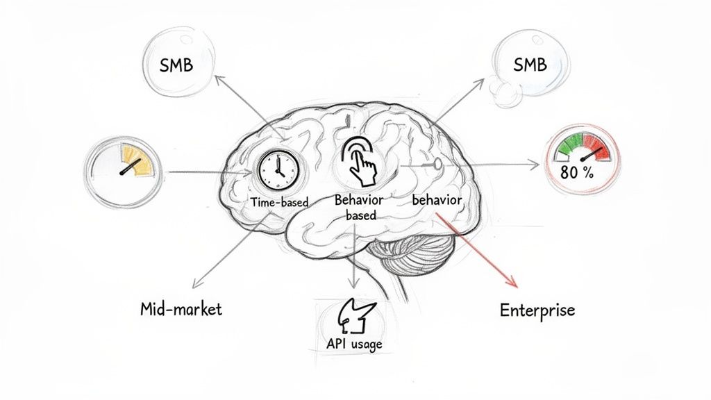 A brain diagram showing Time-based and Behavior-based insights leading to SMB, Mid-market, and Enterprise segmentation, with API usage.